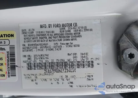 2020 Ford Fusion Hybrid Titanium z USA, uszkodzony, nr VIN 3FA6P0RU6LR234634